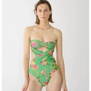 J Crew One Piece Green Criss Cross Cut Out Bikini Swimsuit Floral Size 22 2X NEW